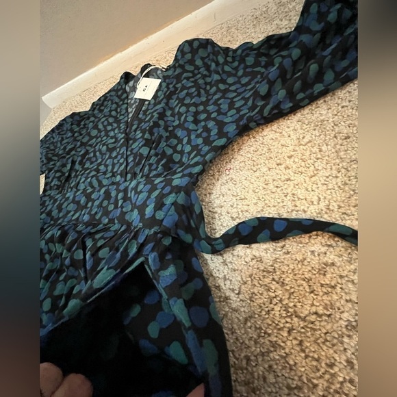 Midi Dress Black Green/Blue Abstract Dots V-Neck Elbow Sleeve Tie Waist Large - Picture 6 of 12